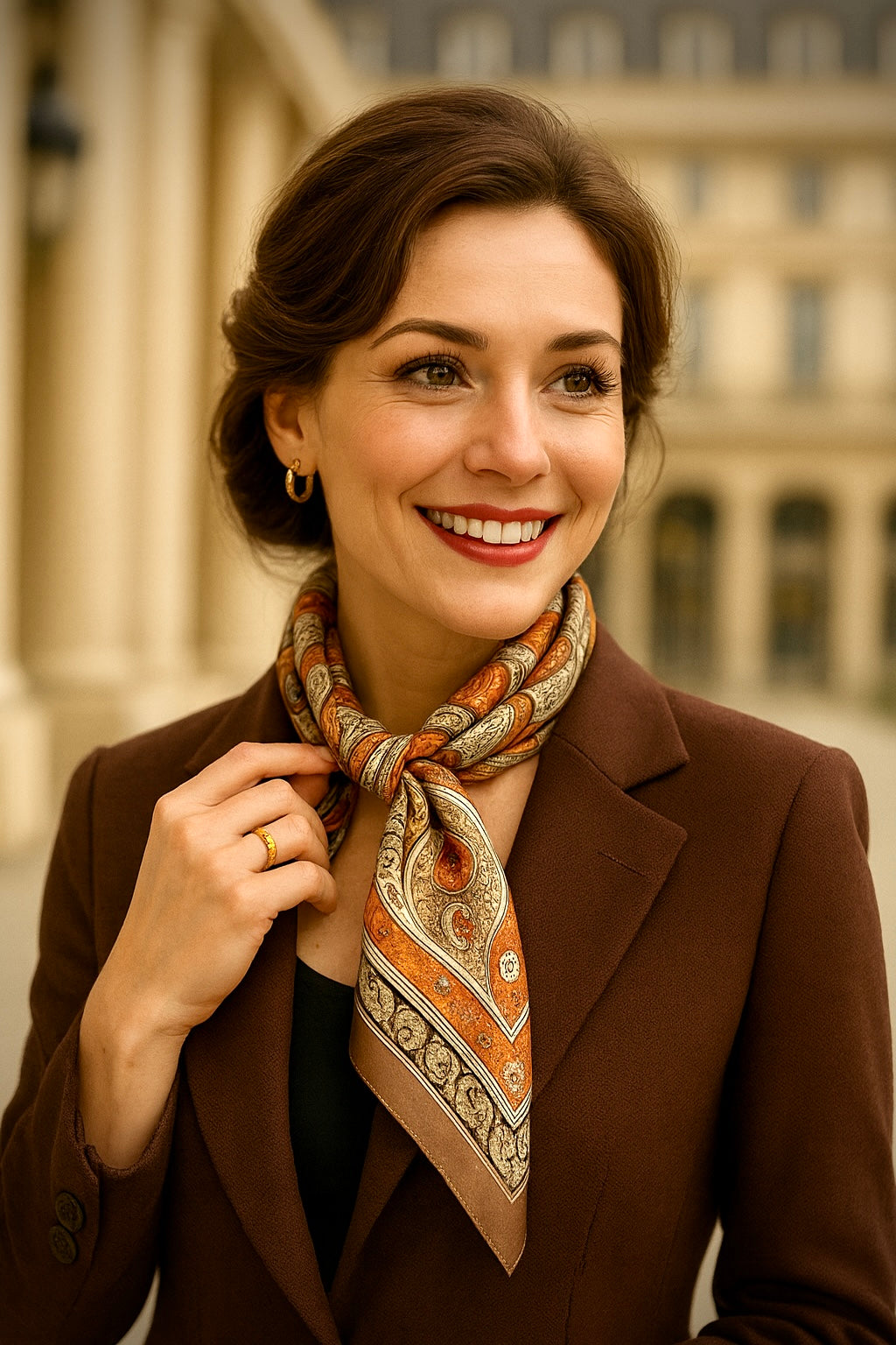 femme élégante de 40 ans portant un carré de soie orangé, style parisien raffiné, manteau marron