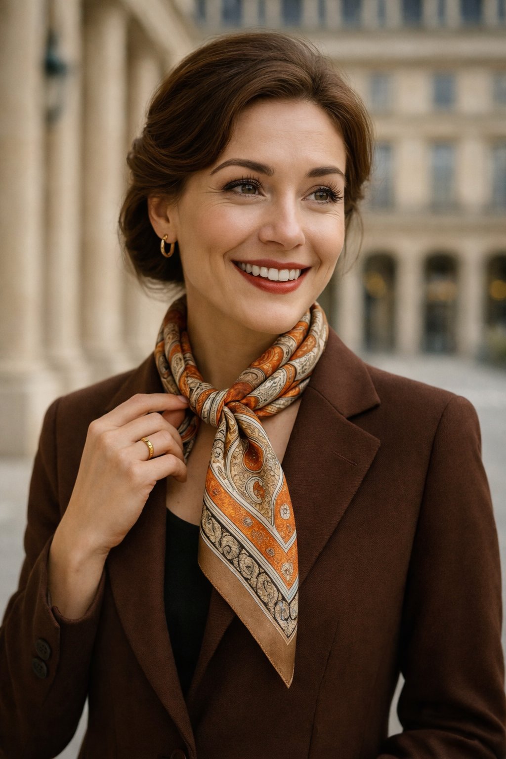 femme élégante de 40 ans parisienne portant un carré de soie orangé et un manteau marron, style raffiné
