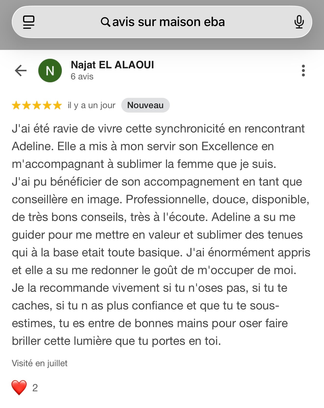 Avis client Maison Eba après accompagnement personnaisé.