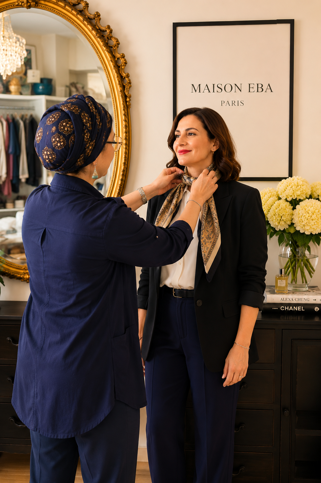Adeline ajustant un foulard sur une cliente lors d'un accompagnement en conseil en image.