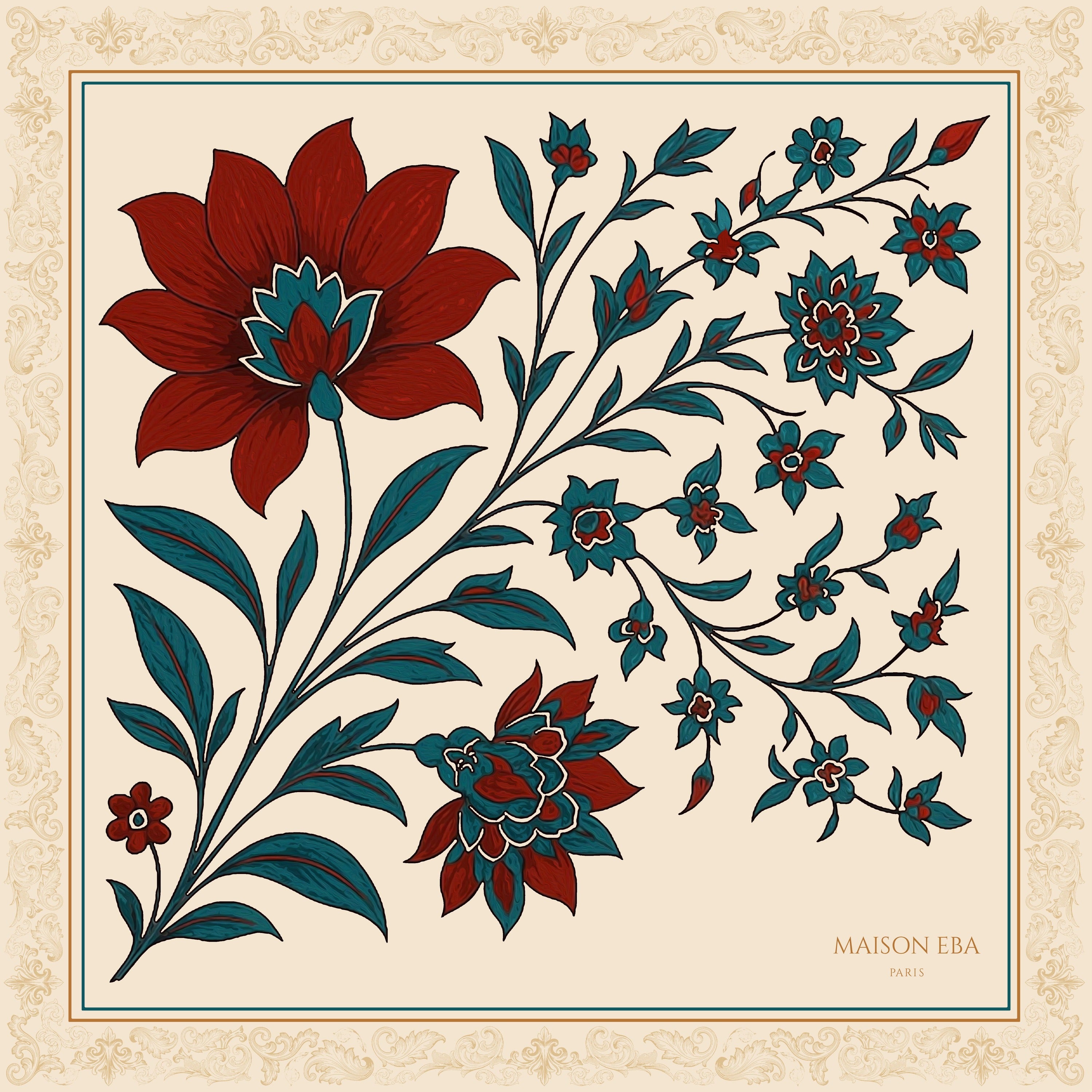 Foulard La Route de la Soie, motifs floraux, sable, rouge et bleu, coton viscose, Maison Eba Paris