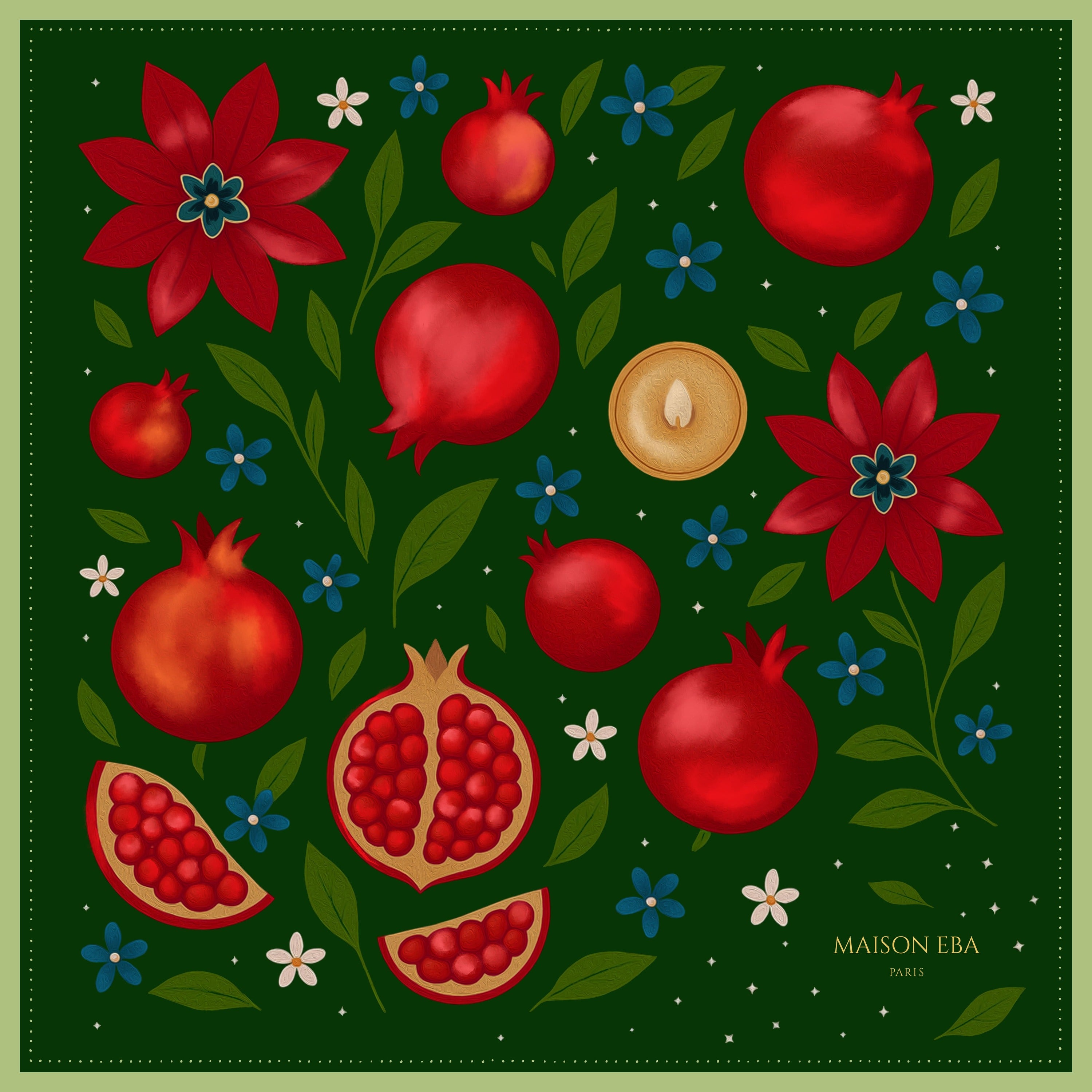 Foulard Yalda, motifs de grenades, fleurs et bougie, coton viscose, Maison Eba Paris