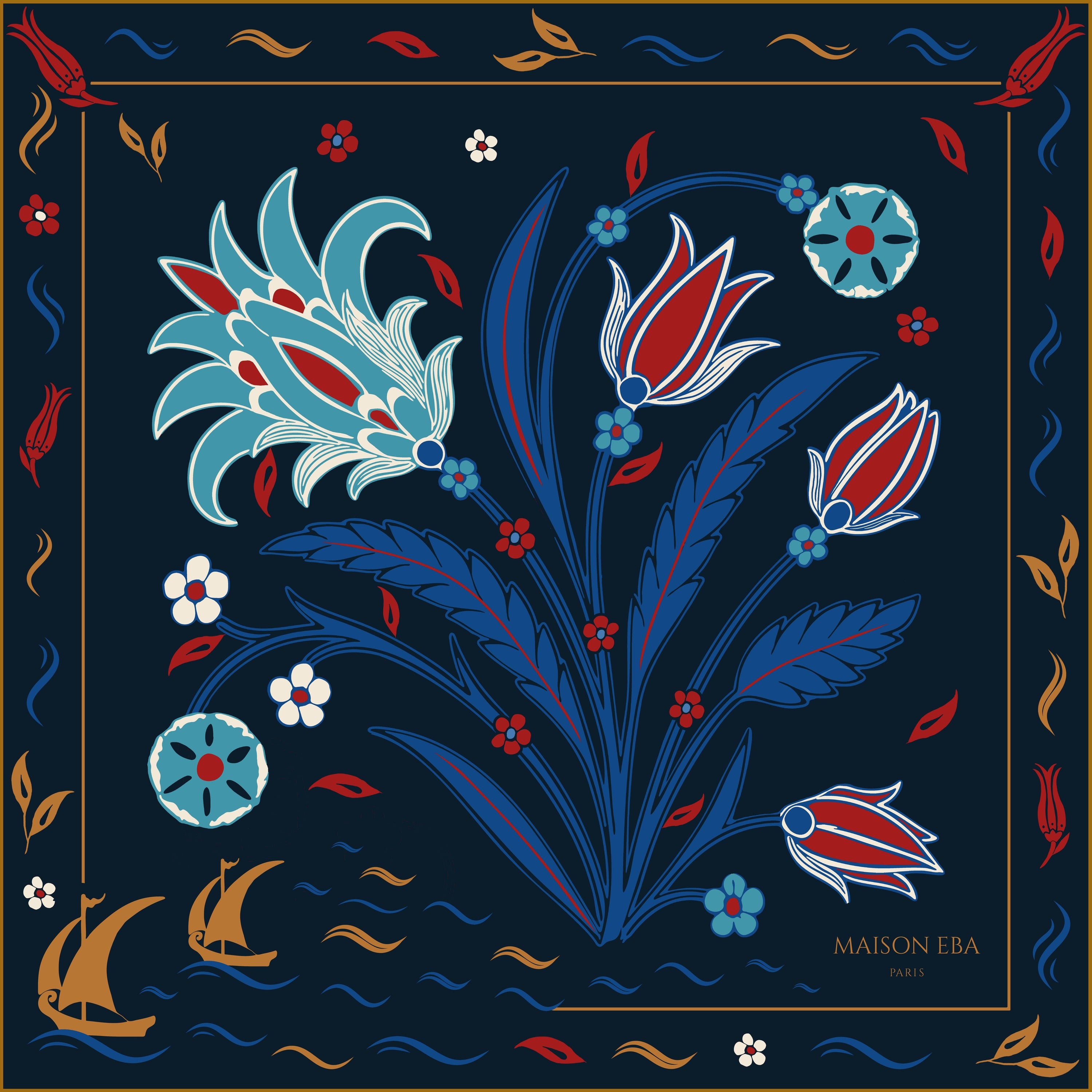 Foulard en soie Parums d'Istanbul, motifs floraux Iznik bleus et rouges, Maison Eba Paris.