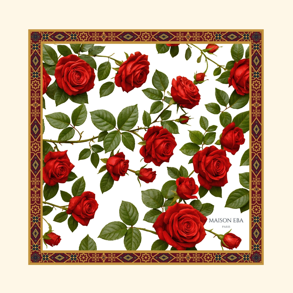 Carré soie motifs roses rouges – foulard Les Roses de Hafez - Maison Eba Paris